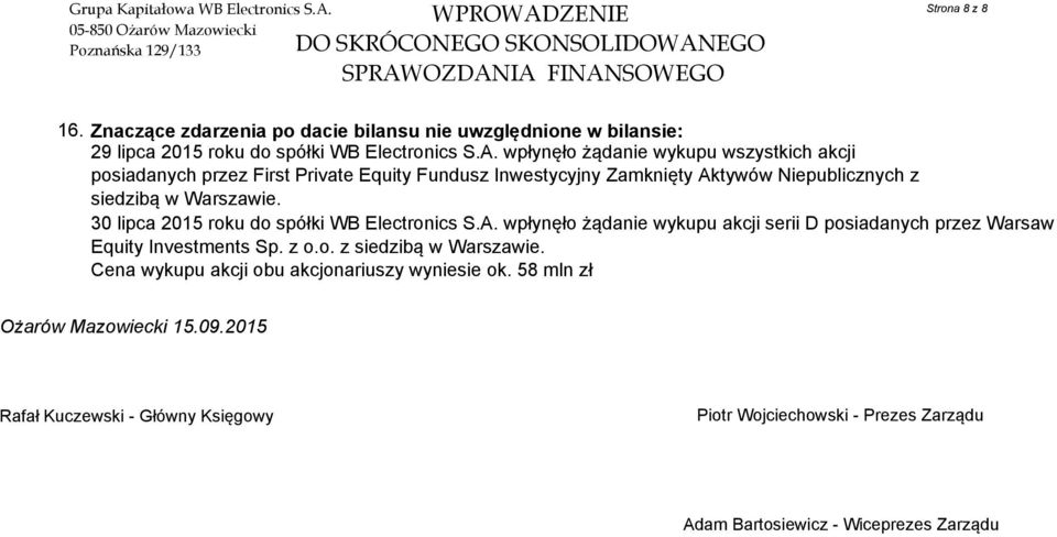 wpłynęło żądanie wykupu wszystkich akcji posiadanych przez First Private Equity Fundusz Inwestycyjny Zamknięty Aktywów Niepublicznych z siedzibą w Warszawie.