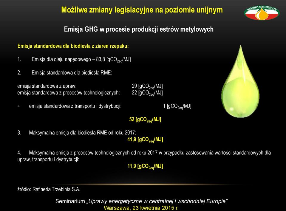 Emisja standardowa dla biodiesla RME: emisja standardowa z upraw: emisja standardowa z procesów technologicznych: 29 [gco 2eq /MJ] 22 [gco 2eq /MJ] + emisja standardowa z