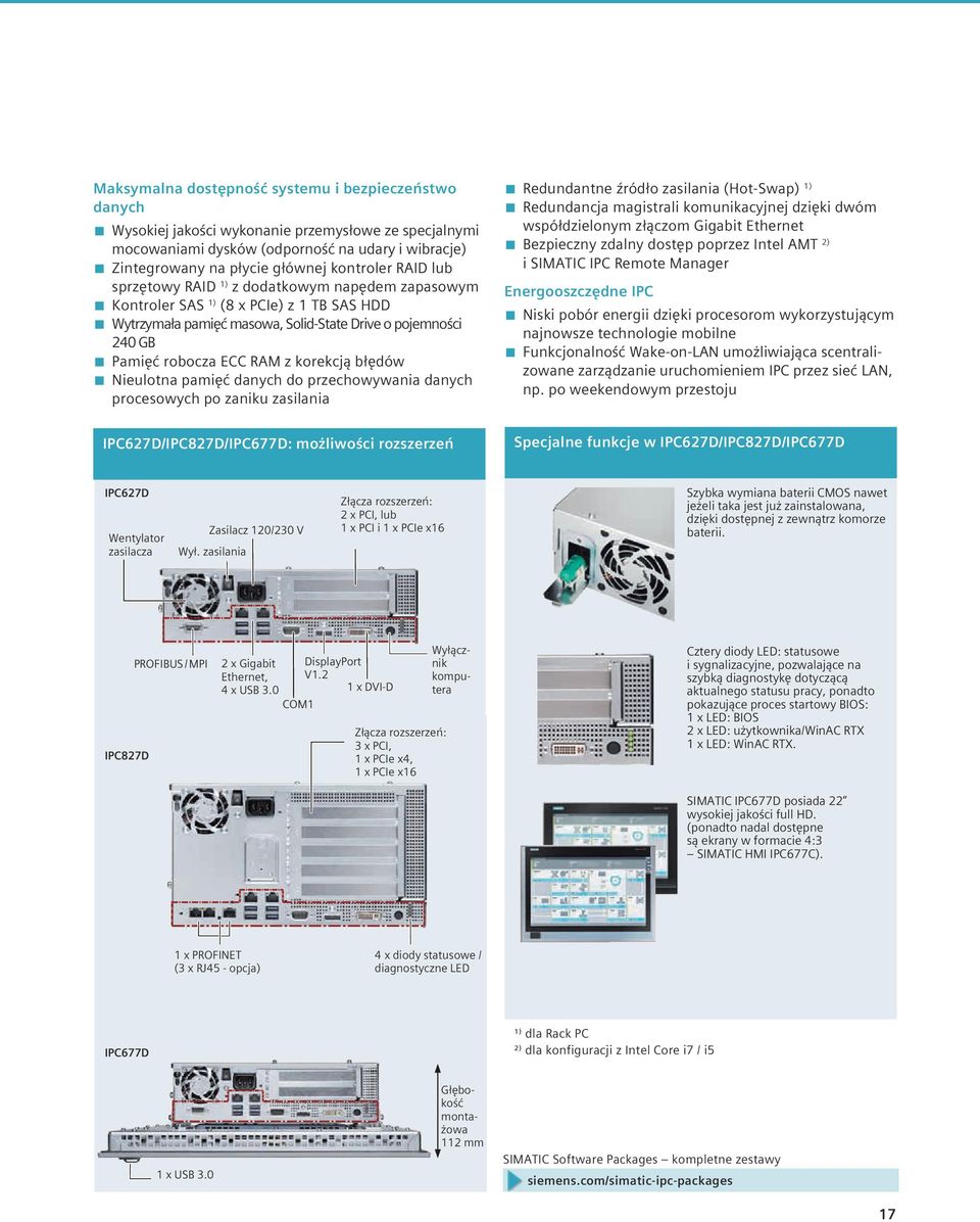 błędów Nieulotna pamięć danych do przechowywania danych procesowych po zaniku zasilania IPC627D/IPC827D/IPC677D: możliwości rozszerzeń Redundantne źródło zasilania (Hot-Swap) 1) Redundancja