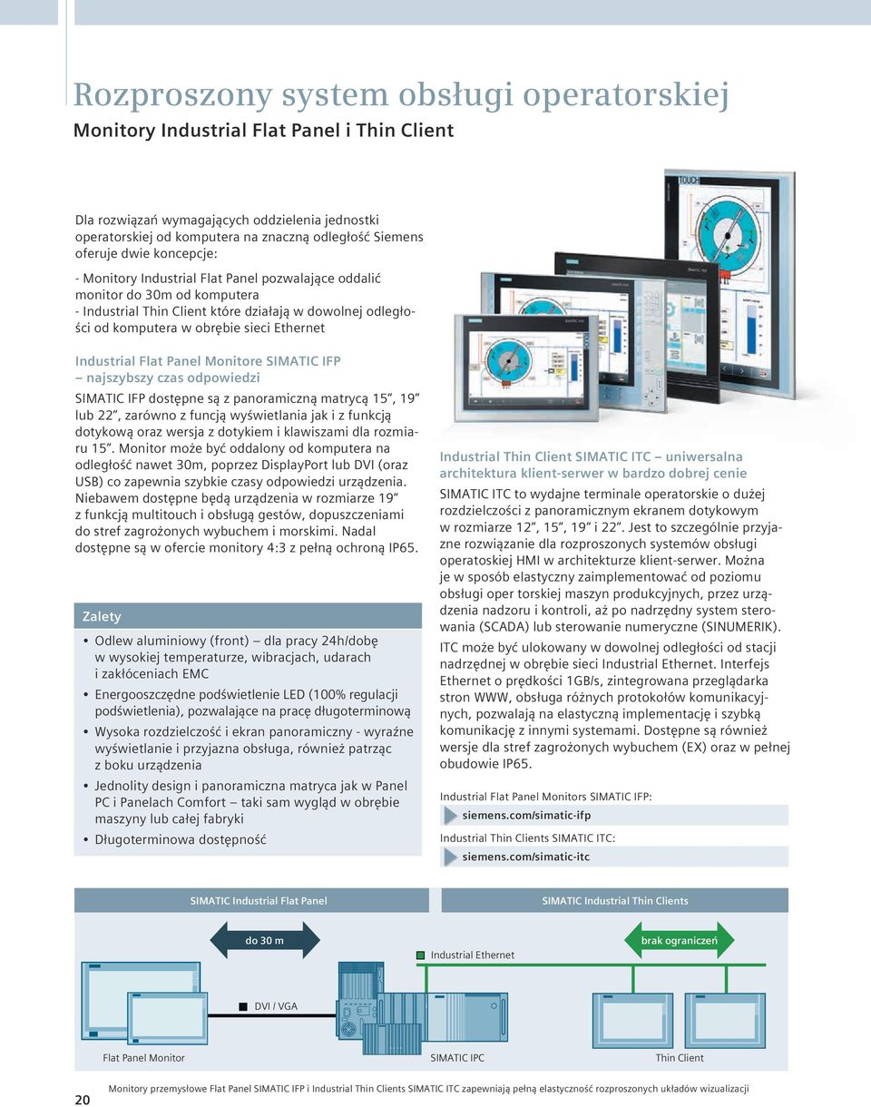 Industrial Flat Panel Monitore SIMATIC IFP najszybszy czas odpowiedzi SIMATIC IFP dostępne są z panoramiczną matrycą 15, 19 lub 22, zarówno z funcją wyświetlania jak i z funkcją dotykową oraz wersja