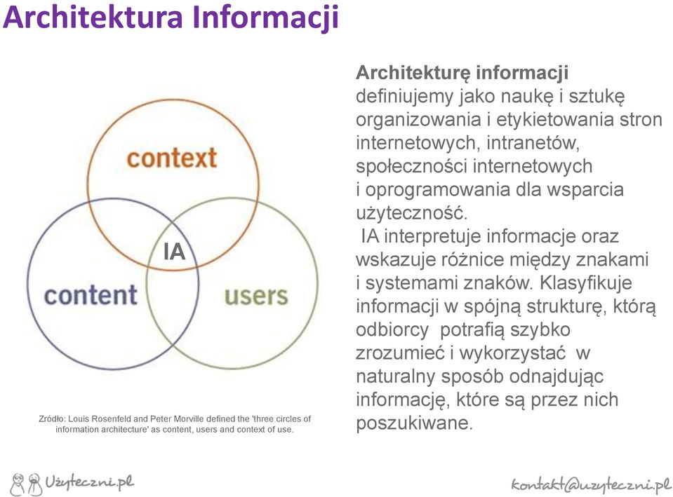 Architekturę informacji definiujemy jako naukę i sztukę organizowania i etykietowania stron internetowych, intranetów, społeczności internetowych i