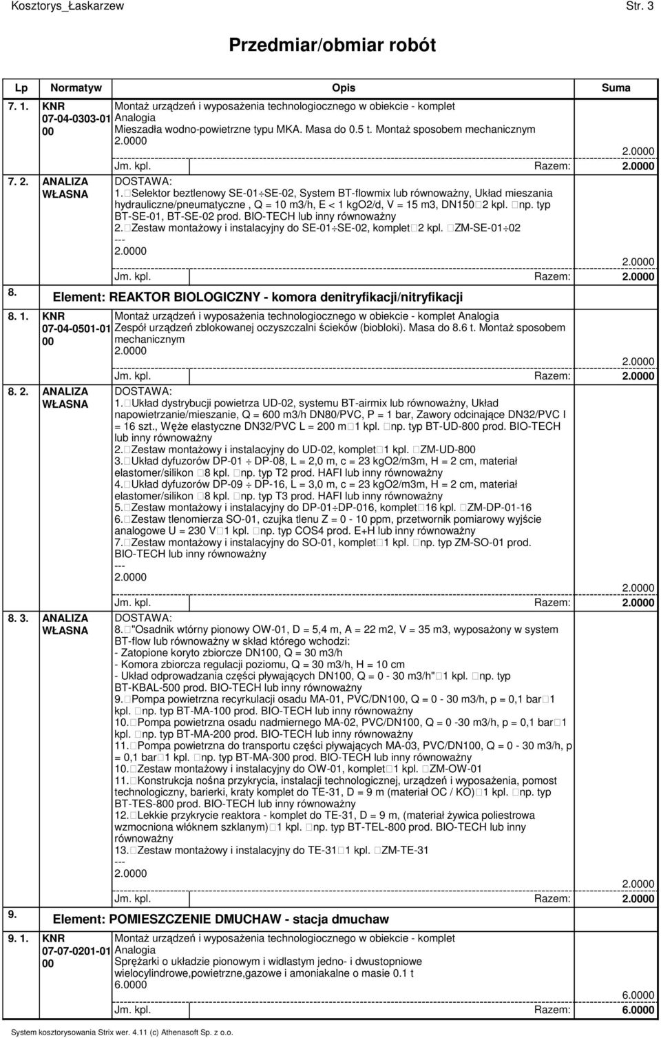 BIO-TECH lub inny 2. Zestaw montaŝowy i instalacyjny do SE-01 SE-02, komplet 2 kpl. ZM-SE-01 02 Jm. kpl. Razem: Element: REAKTOR BIOLOGICZNY - komora denitryfikacji/nitryfikacji 07-04-0501-01 8. 2. ANALIZA 8.