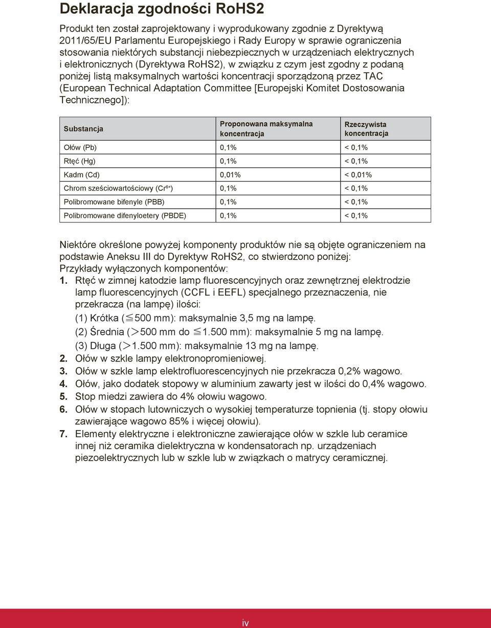 TAC (European Technical Adaptation Committee [Europejski Komitet Dostosowania Technicznego]): Substancja Proponowana maksymalna koncentracja Rzeczywista koncentracja Ołów (Pb) 0,1% < 0,1% Rtęć (Hg)