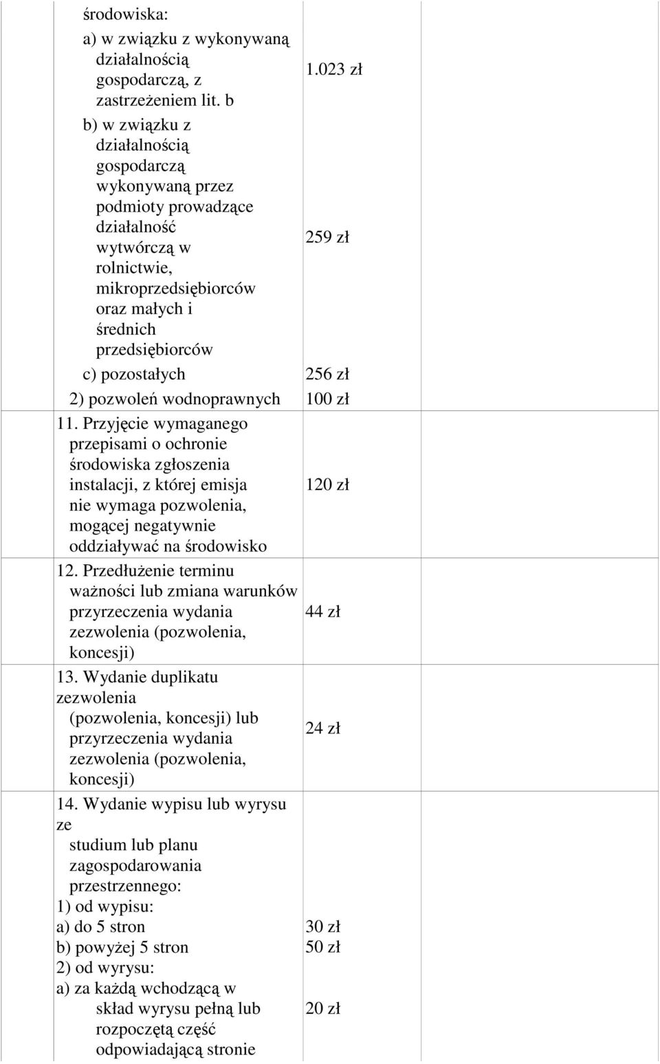 256 zł 2) pozwoleń wodnoprawnych 100 zł 11.