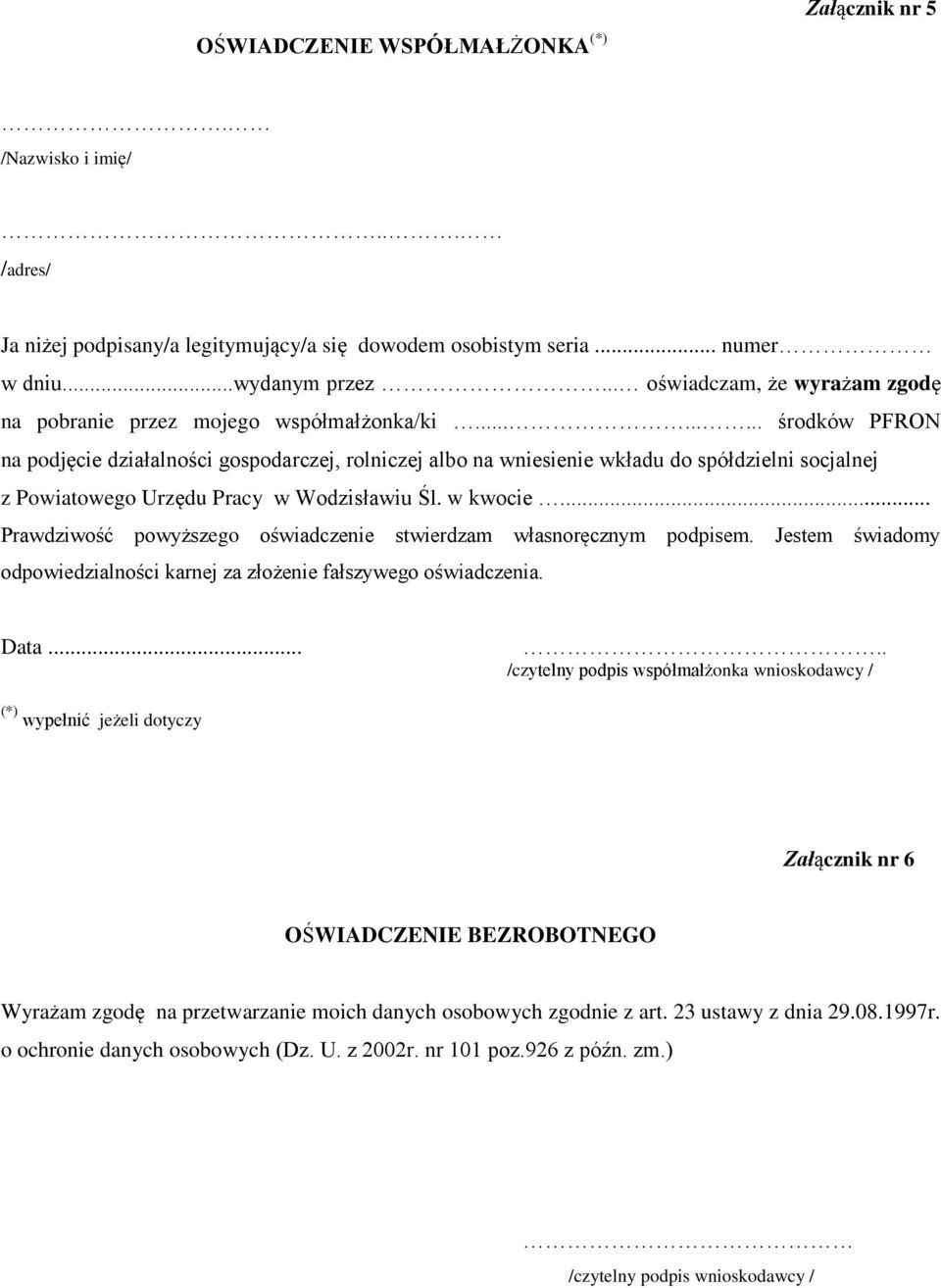 ........ środków PFRON na podjęcie działalności gospodarczej, rolniczej albo na wniesienie wkładu do spółdzielni socjalnej z Powiatowego Urzędu Pracy w Wodzisławiu Śl. w kwocie.