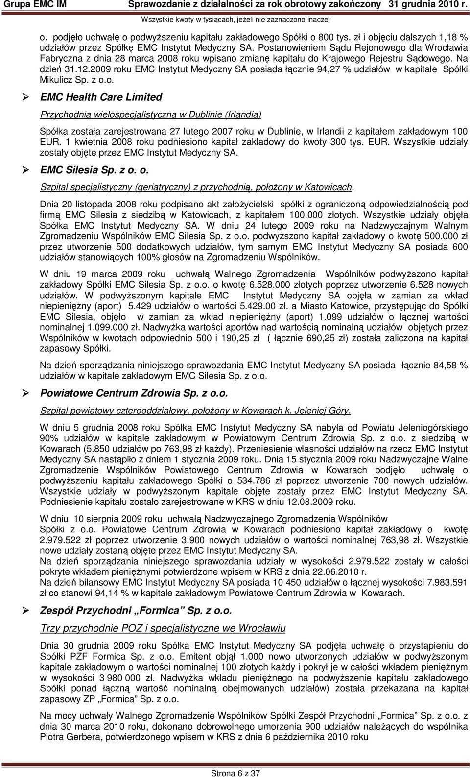 2009 roku EMC Instytut Medyczny SA posiada łącznie 94,27 % udziałów w kapitale Spółki Mikulicz Sp. z o.o. EMC Health Care Limited Przychodnia wielospecjalistyczna w Dublinie (Irlandia) Spółka została zarejestrowana 27 lutego 2007 roku w Dublinie, w Irlandii z kapitałem zakładowym 100 EUR.