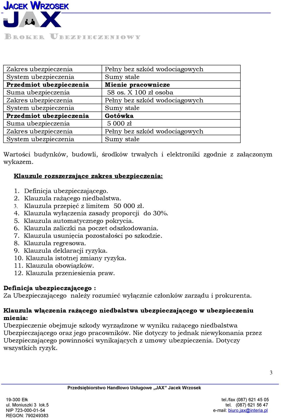 ubezpieczenia Sumy stałe Wartości budynków, budowli, środków trwałych i elektroniki zgodnie z załączonym wykazem. Klauzule rozszerzające zakres ubezpieczenia: 1. Definicja ubezpieczającego. 2.