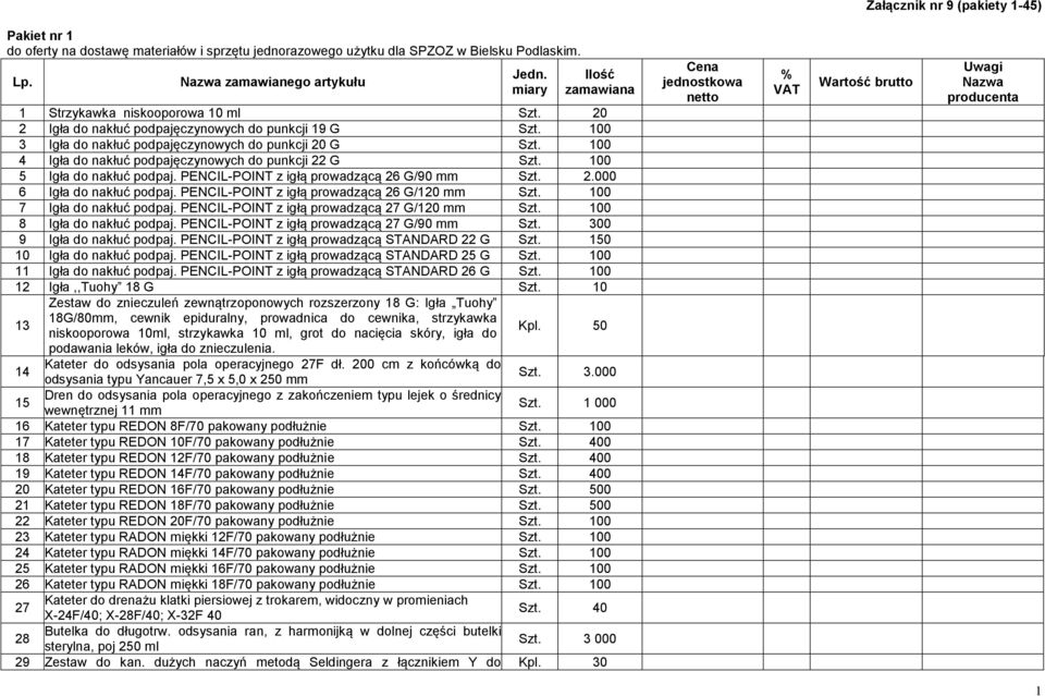 100 4 Igła do nakłuć podpajęczynowych do punkcji 22 G Szt. 100 5 Igła do nakłuć podpaj. PENCIL-POINT z igłą prowadzącą 26 G/90 mm Szt. 2.000 6 Igła do nakłuć podpaj.
