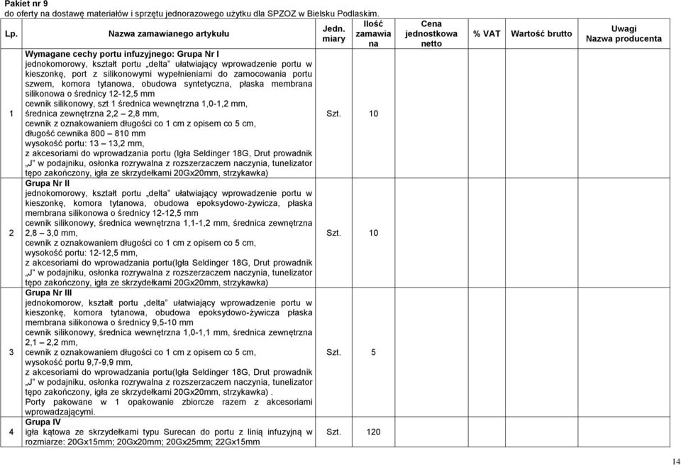 zamocowania portu szwem, komora tytanowa, obudowa syntetyczna, płaska membrana silikonowa o średnicy 12-12,5 mm cewnik silikonowy, szt 1 średnica wewnętrzna 1,0-1,2 mm, średnica zewnętrzna 2,2 2,8