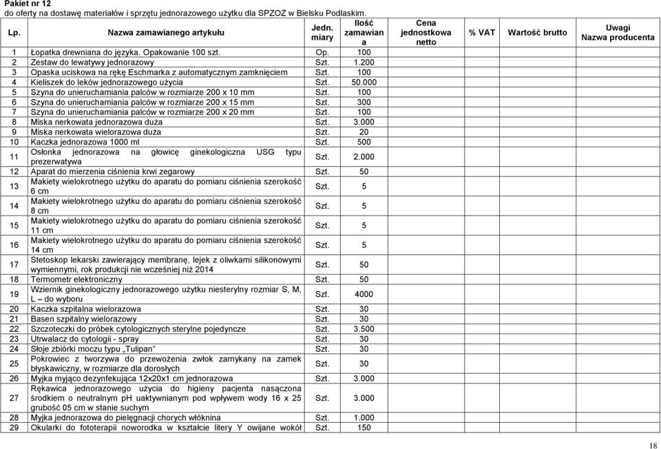 000 5 Szyna do unieruchamiania palców w rozmiarze 200 x 10 mm Szt. 100 6 Szyna do unieruchamiania palców w rozmiarze 200 x 15 mm Szt. 300 7 Szyna do unieruchamiania palców w rozmiarze 200 x 20 mm Szt.