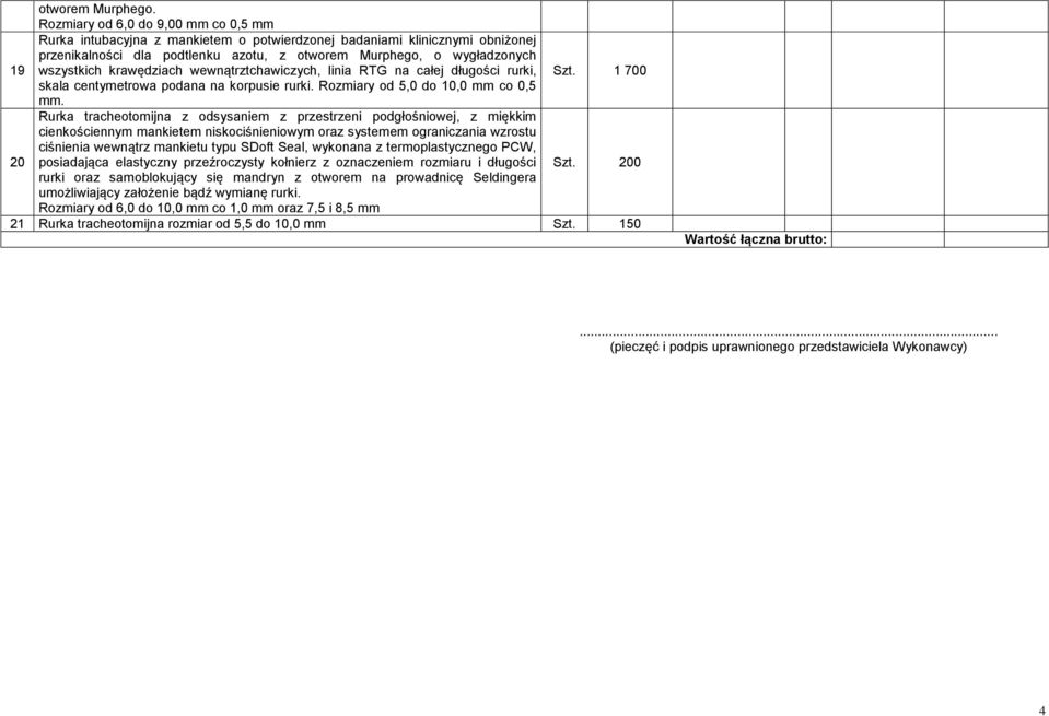 krawędziach wewnątrztchawiczych, linia RTG na całej długości rurki, Szt. 1 700 skala centymetrowa podana na korpusie rurki. Rozmiary od 5,0 do 10,0 mm co 0,5 mm.