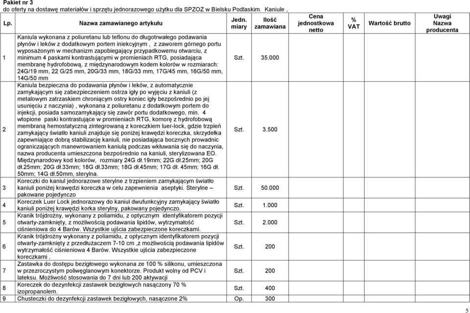 w mechanizm zapobiegający przypadkowemu otwarciu, z minimum 4 paskami kontrastującymi w promieniach RTG, posiadająca Szt. 35.