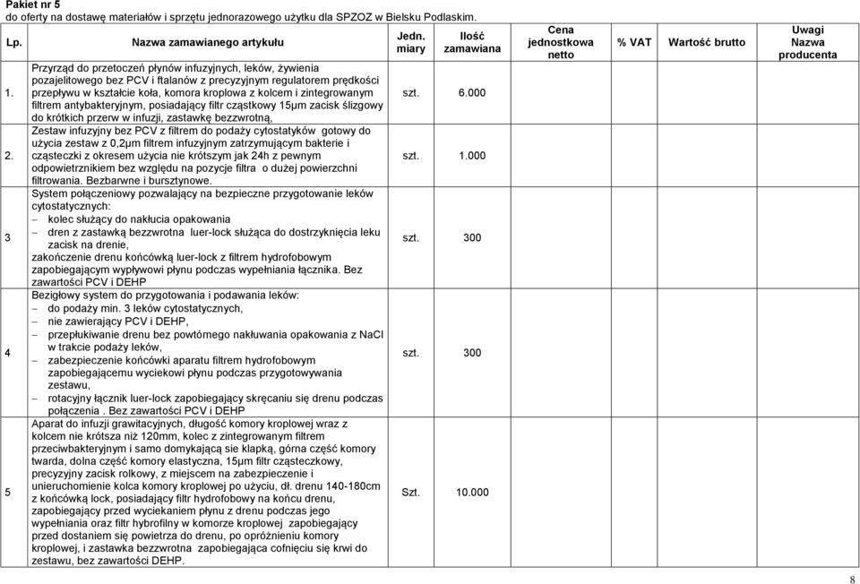 kroplowa z kolcem i zintegrowanym filtrem antybakteryjnym, posiadający filtr cząstkowy 15μm zacisk ślizgowy do krótkich przerw w infuzji, zastawkę bezzwrotną, Zestaw infuzyjny bez PCV z filtrem do