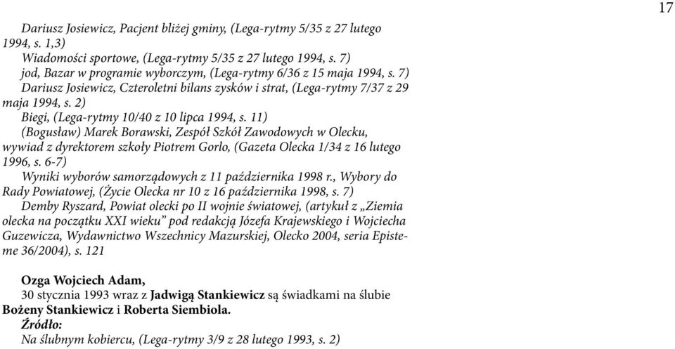2) Biegi, (Lega-rytmy 10/40 z 10 lipca 1994, s. 11) (Bogusław) Marek Borawski, Zespół Szkół Zawodowych w Olecku, wywiad z dyrektorem szkoły Piotrem Gorlo, (Gazeta Olecka 1/34 z 16 lutego 1996, s.