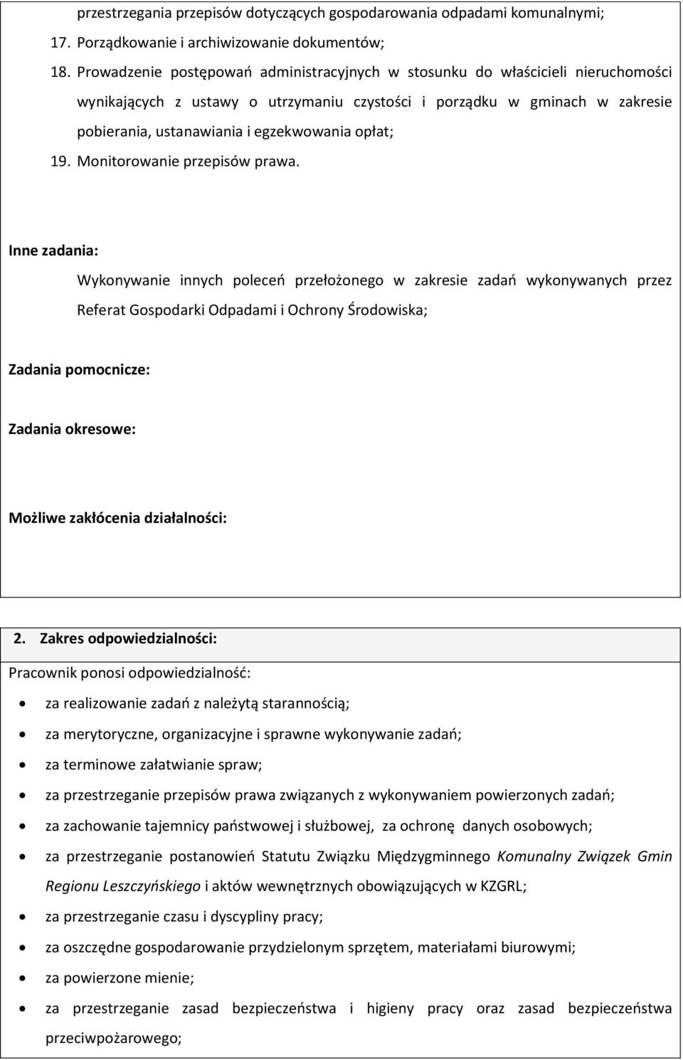 opłat; 19. Monitorowanie przepisów prawa.
