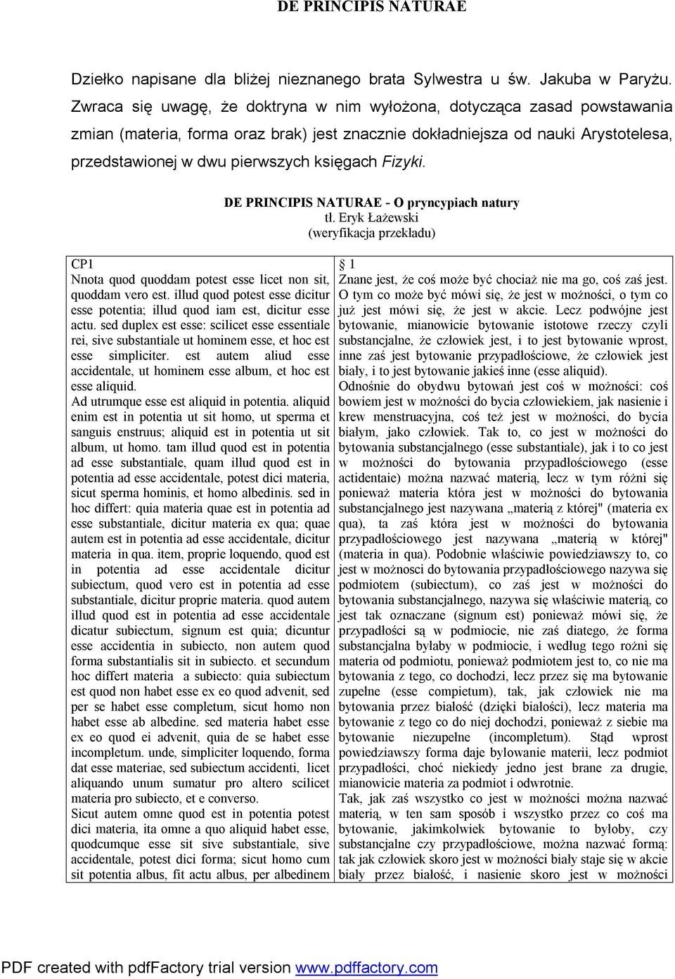 Fizyki. CP1 Nnota quod quoddam potest esse licet non sit, quoddam vero est. illud quod potest esse dicitur esse potentia; illud quod iam est, dicitur esse actu.