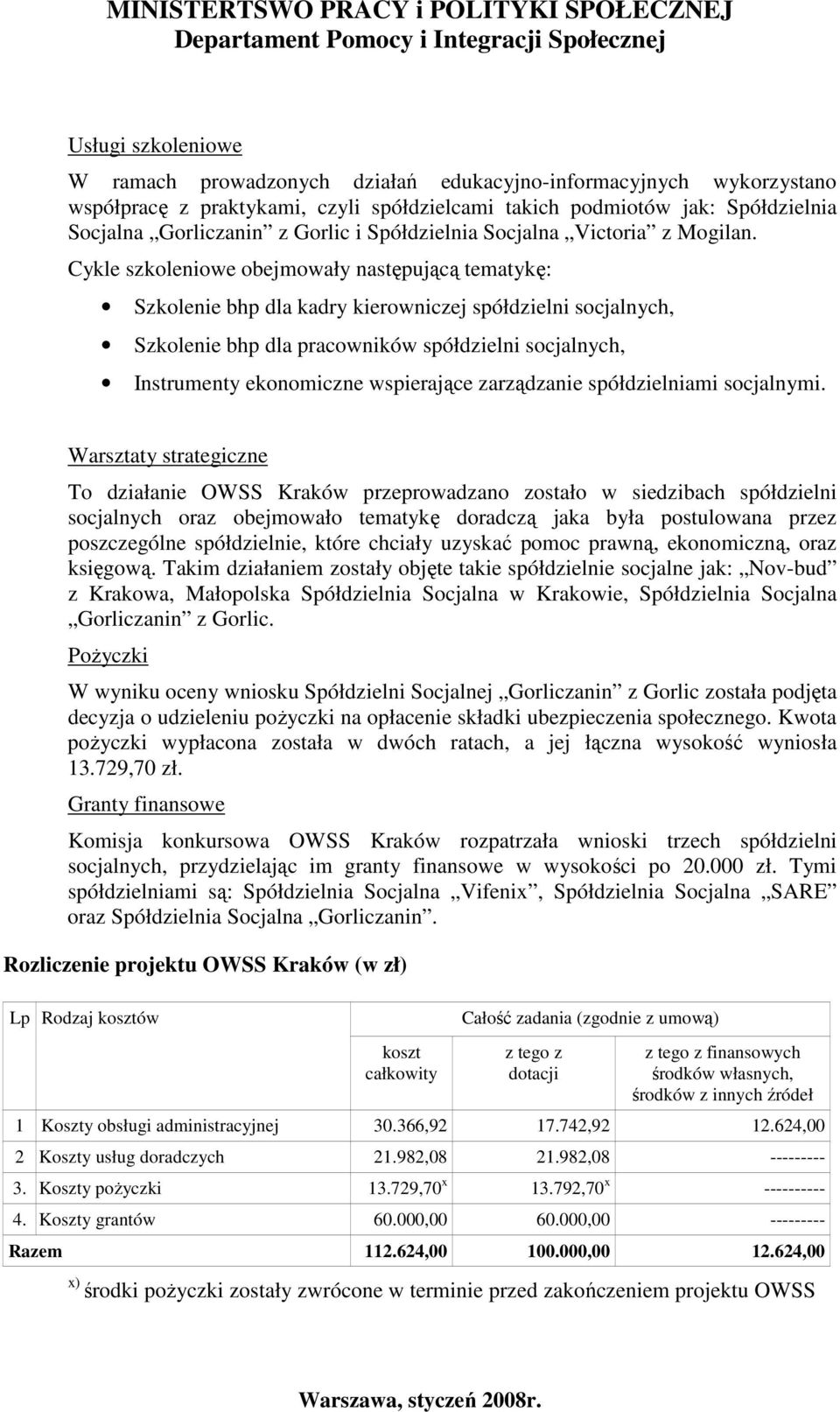 Cykle szkoleniowe obejmowały następującą tematykę: Szkolenie bhp dla kadry kierowniczej spółdzielni socjalnych, Szkolenie bhp dla pracowników spółdzielni socjalnych, Instrumenty ekonomiczne