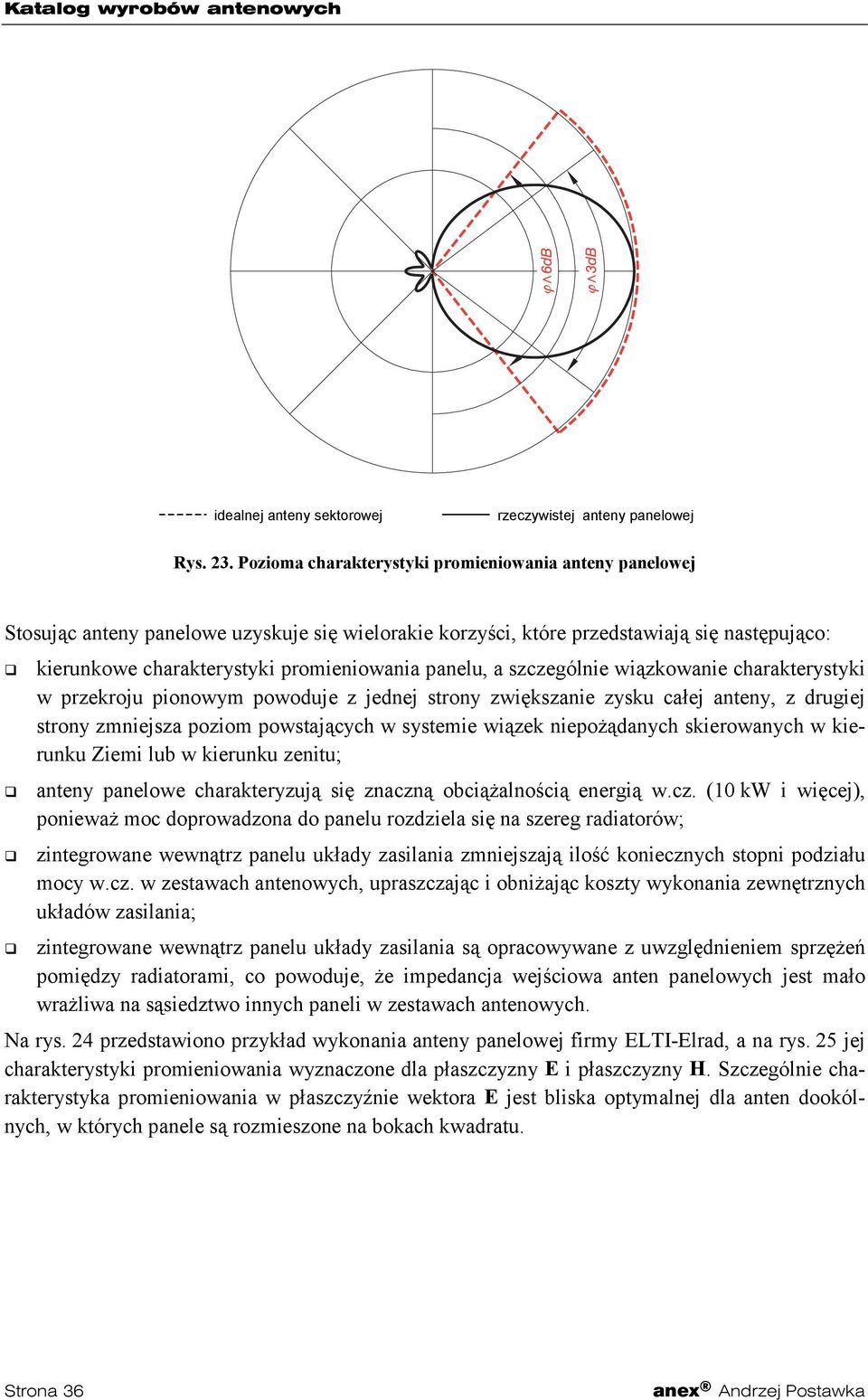 kierunkowe charakterystyki promieniowania panelu, a szczególnie wiązkowanie charakterystyki w przekroju pionowym powoduje z jednej strony zwiększanie zysku całej anteny, z drugiej strony zmniejsza