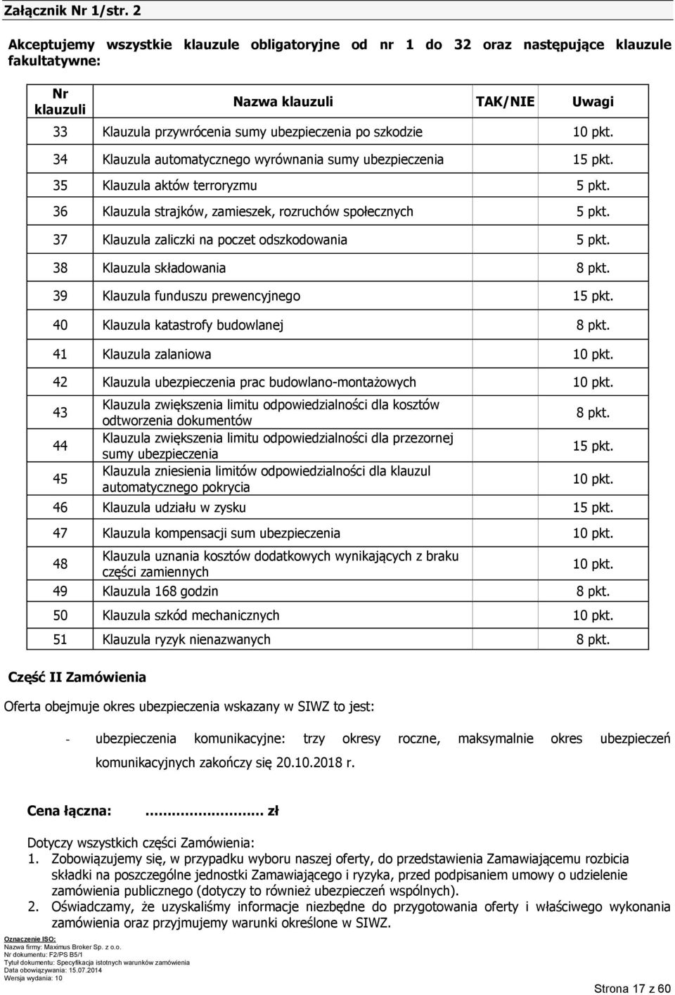 10 pkt. 34 Klauzula automatycznego wyrównania sumy ubezpieczenia 15 pkt. 35 Klauzula aktów terroryzmu 5 pkt. 36 Klauzula strajków, zamieszek, rozruchów społecznych 5 pkt.