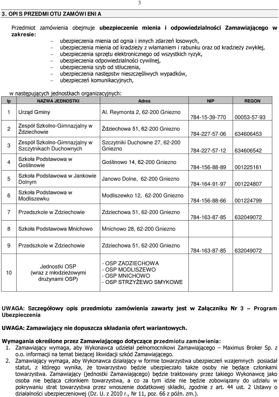 stłuczenia, ubezpieczenia następstw nieszczęśliwych wypadków, ubezpieczeń komunikacyjnych, w następujących jednostkach organizacyjnych: lp NAZWA JEDNOSTKI Adres NIP REGON 1 Urząd Gminy Al.