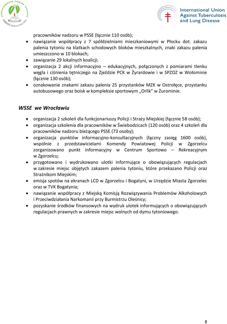 połączonych z pomiarami tlenku węgla i ciśnienia tętniczego na Zjeździe PCK w Żyrardowie i w SPZOZ w Wołominie (łącznie 130 osób); oznakowanie znakami zakazu palenia 25 przystanków MZK w Ostrołęce,