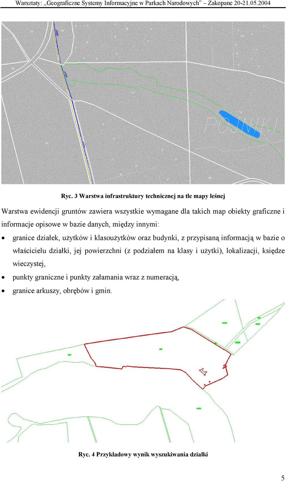 informacje opisowe w bazie danych, między innymi: granice działek, użytków i klasoużytków oraz budynki, z przypisaną informacją w bazie o właścicielu