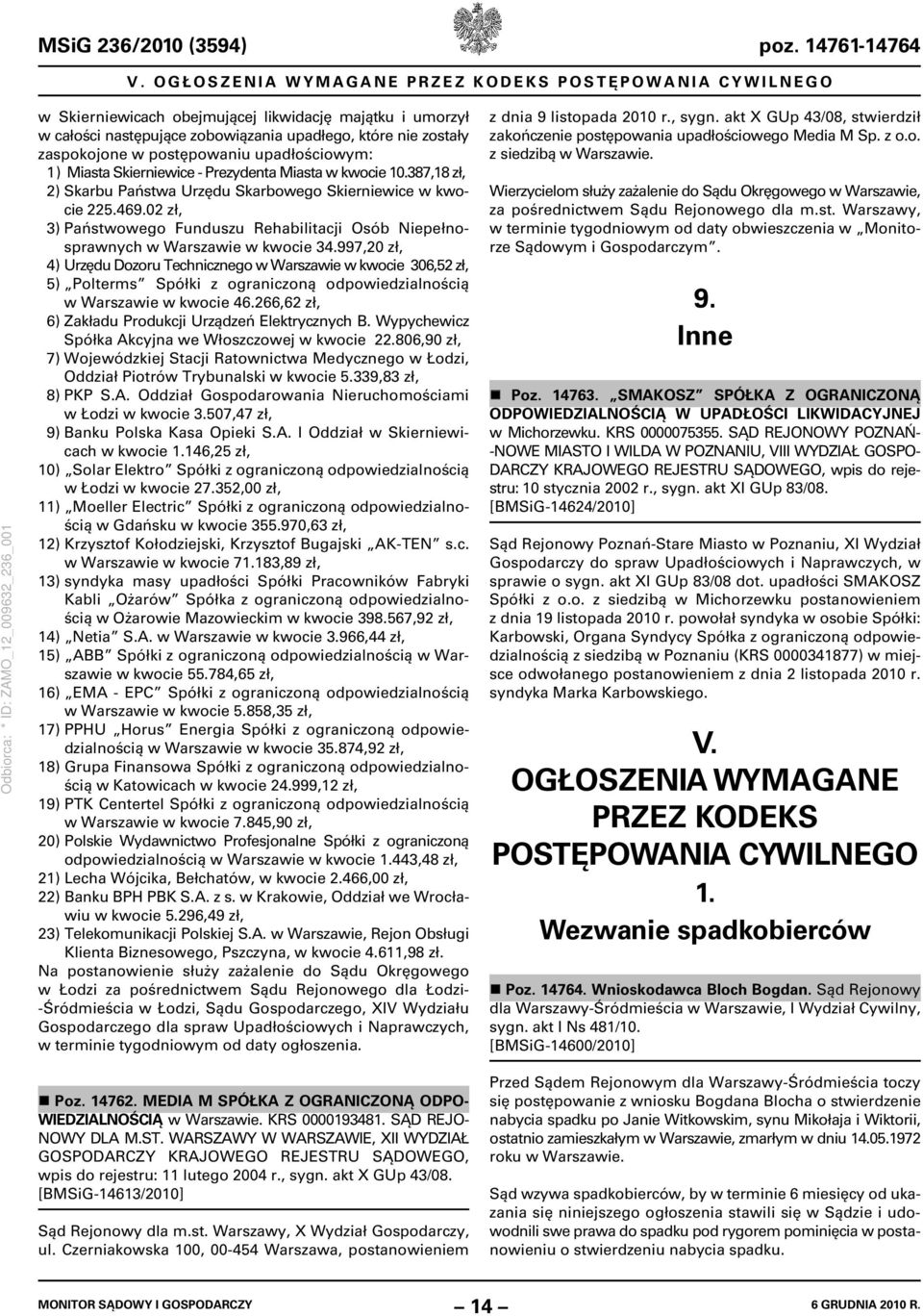 postępowaniu upadłościowym: 1) Miasta Skierniewice - Prezydenta Miasta w kwocie 10.387,18 zł, 2) Skarbu Państwa Urzędu Skarbowego Skierniewice w kwocie 225.469.