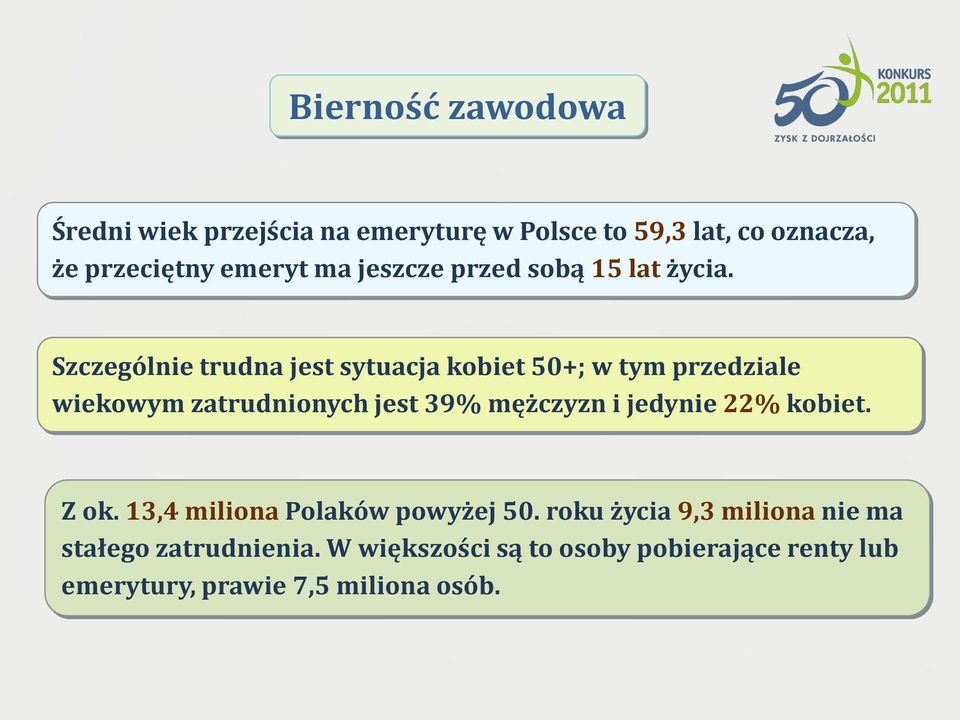 Szczególnie trudna jest sytuacja kobiet 50+; w tym przedziale wiekowym zatrudnionych jest 39% mężczyzn i