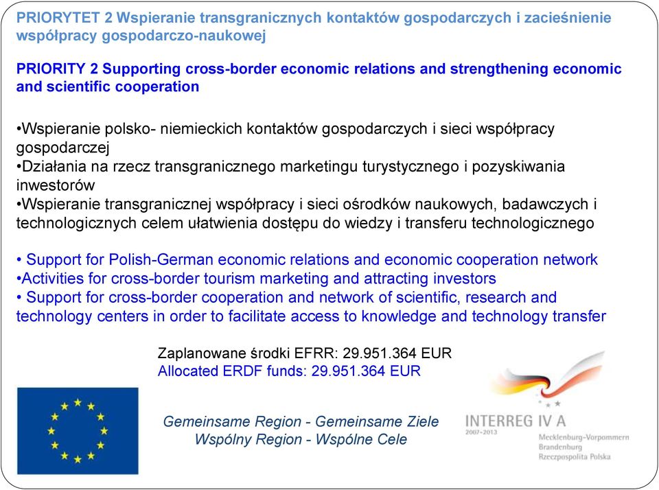 Wspieranie transgranicznej współpracy i sieci ośrodków naukowych, badawczych i technologicznych celem ułatwienia dostępu do wiedzy i transferu technologicznego Support for Polish-German economic