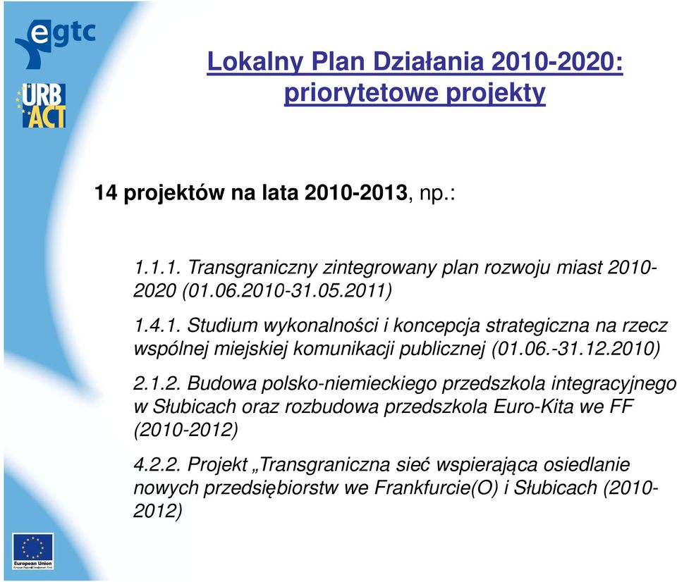 2010) 2.1.2. Budowa polsko-niemieckiego przedszkola integracyjnego w Słubicach oraz rozbudowa przedszkola Euro-Kita we FF (2010-2012) 4.2.2. Projekt Transgraniczna sieć wspierająca osiedlanie nowych przedsiębiorstw we Frankfurcie(O) i Słubicach (2010-2012)