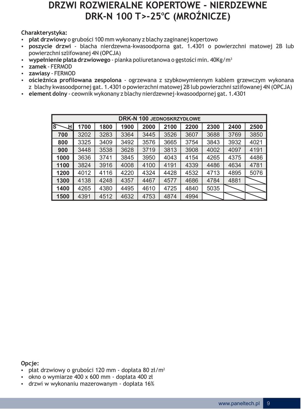 4301 pwierzchni matwej B lub pwierzchni szlifwanej 4N (OPCJA) zamek - FERMOD zawiasy - FERMOD ścieżnica prfilwana zesplna - grzewana z szybkwymiennym kablem grzewczym wyknana z blachy kwasdprnej gat.