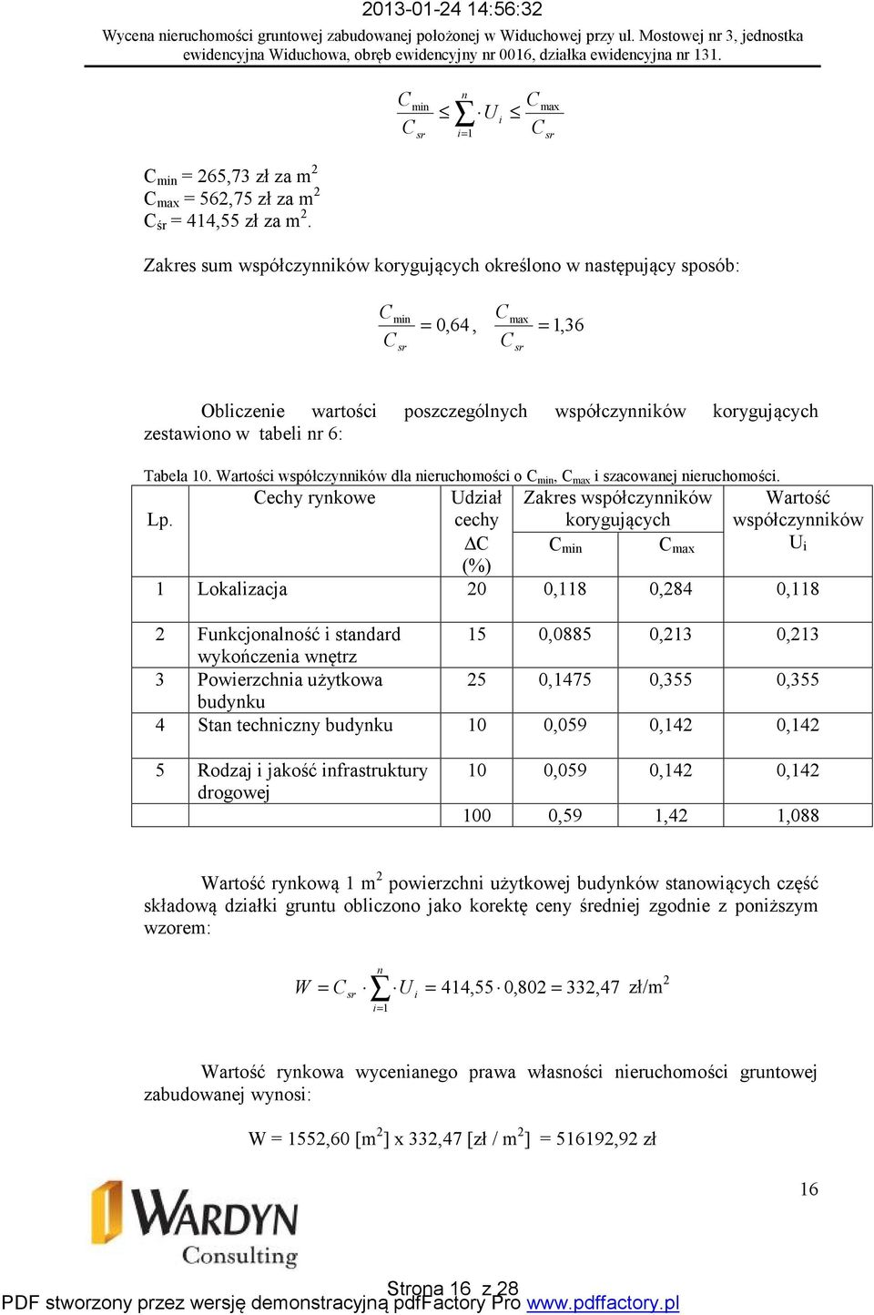 Tabela 10. Wartości współczynników dla nieruchomości o C min, C max i szacowanej nieruchomości. Lp.