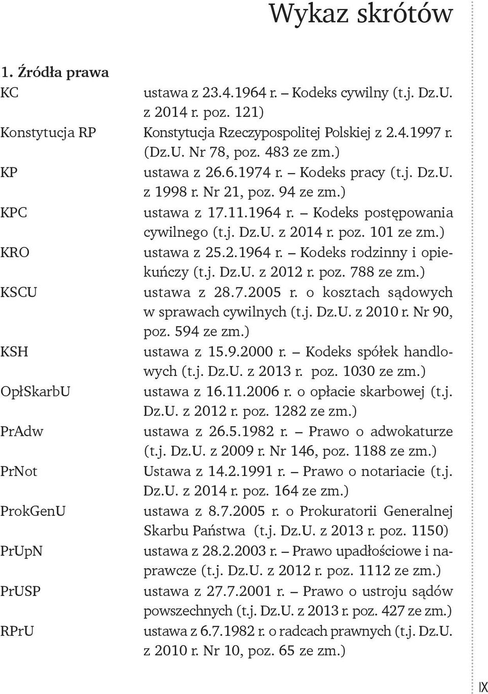 j. Dz.U. z 2012 r. poz. 788 ze zm.) KSCU ustawa z 28.7.2005 r. o kosztach sądowych w sprawach cywilnych (t.j. Dz.U. z 2010 r. Nr 90, poz. 594 ze zm.) KSH ustawa z 15.9.2000 r.