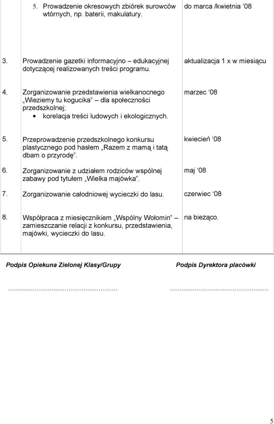 Przeprowadzenie przedszkolnego konkursu plastycznego pod hasłem Razem z mamą i tatą dbam o przyrodę. Zorganizowanie z udziałem rodziców wspólnej zabawy pod tytułem Wielka majówka.