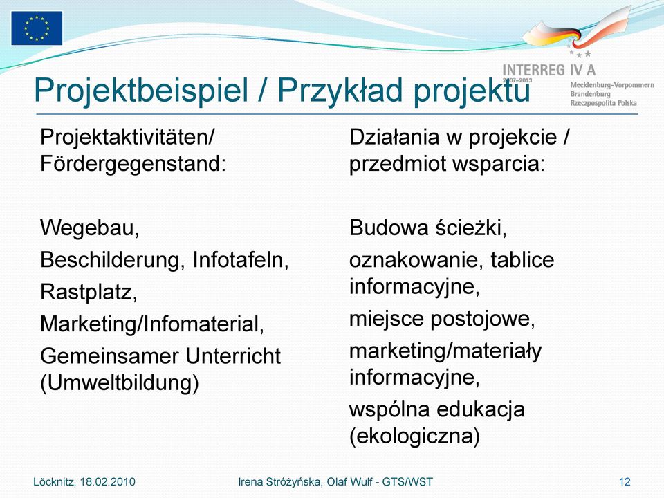 Unterricht (Umweltbildung) Budowa ścieżki, oznakowanie, tablice informacyjne, miejsce postojowe,