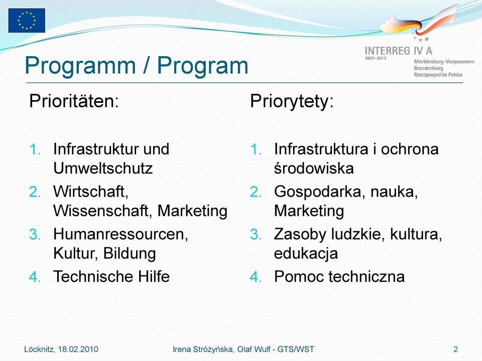 Technische Hilfe 1. Infrastruktura i ochrona środowiska 2. Gospodarka, nauka, Marketing 3.