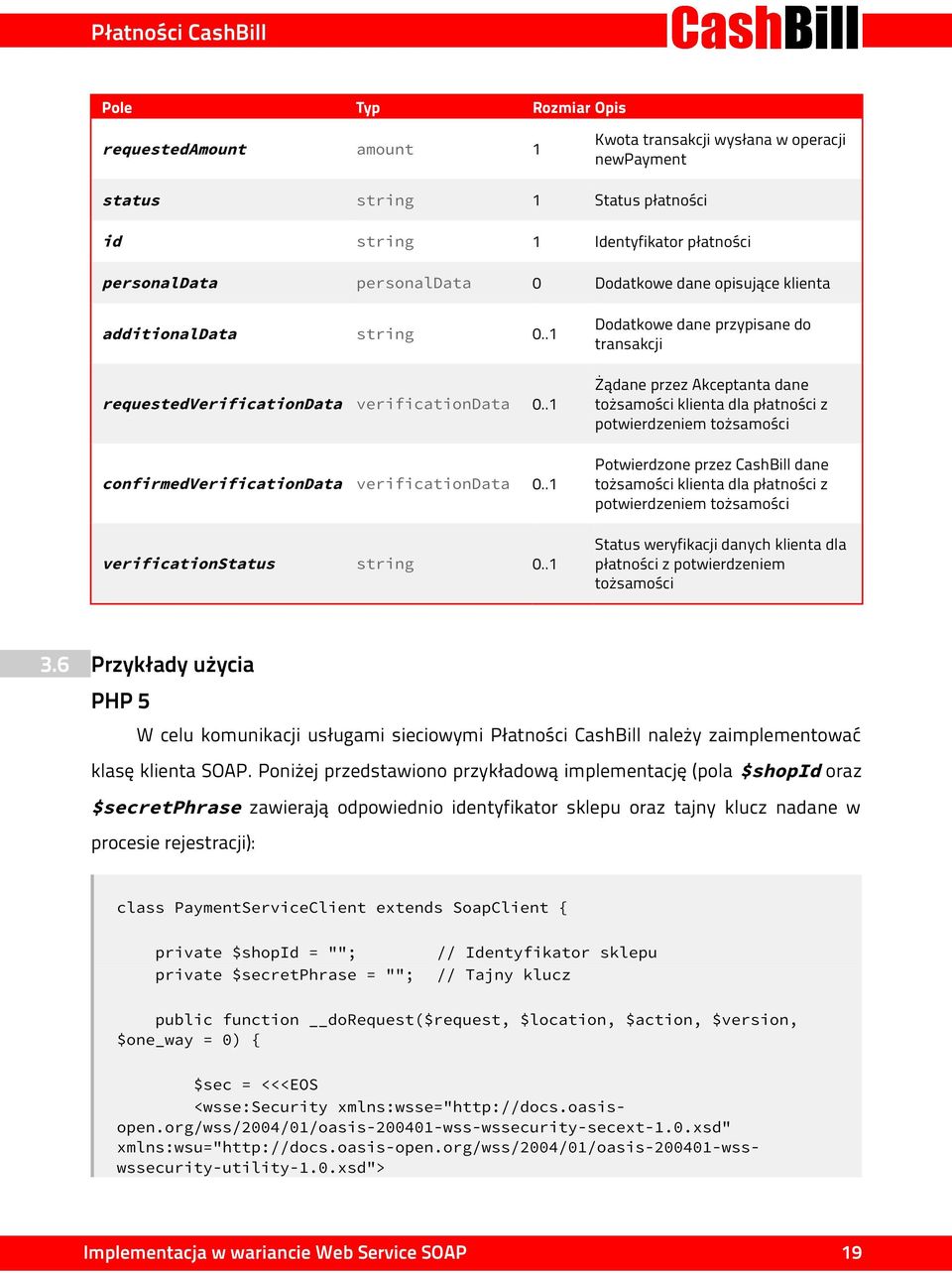 .1 Dodatkowe dane przypisane do transakcji Żądane przez Akceptanta dane tożsamości klienta dla płatności z potwierdzeniem tożsamości Potwierdzone przez CashBill dane tożsamości klienta dla płatności