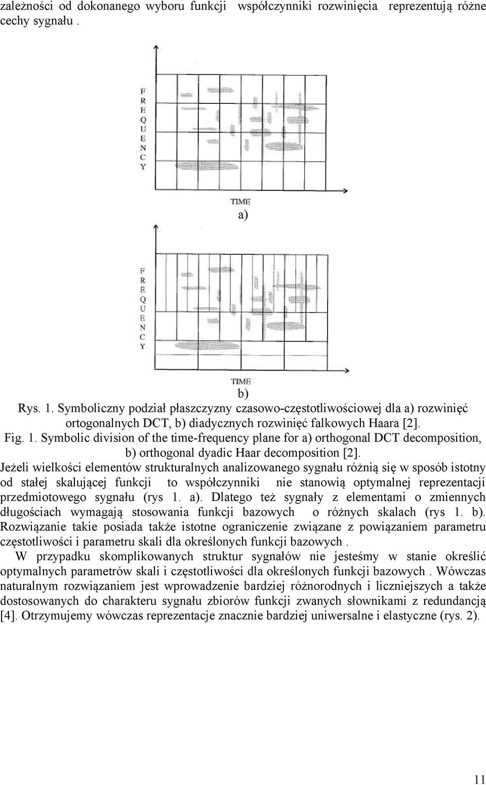 Symbolic division of the time-frequency plane for a) orthogonal DCT decomposition, b) orthogonal dyadic Haar decomposition [2].