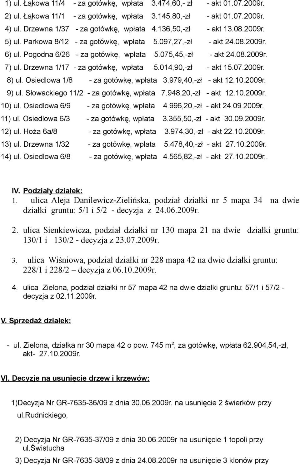 Drzewna 1/17 - za gotówkę, wpłata 5.014,90,-zł - akt 15.07.2009r. 8) ul. Osiedlowa 1/8 - za gotówkę, wpłata 3.979,40,-zł - akt 12.10.2009r. 9) ul. Słowackiego 11/2 - za gotówkę, wpłata 7.