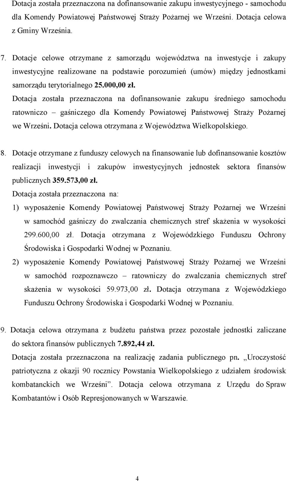 Dotacja została przeznaczona na dofinansowanie zakupu średniego samochodu ratowniczo gaśniczego dla Komendy Powiatowej Państwowej Straży Pożarnej we Wrześni.