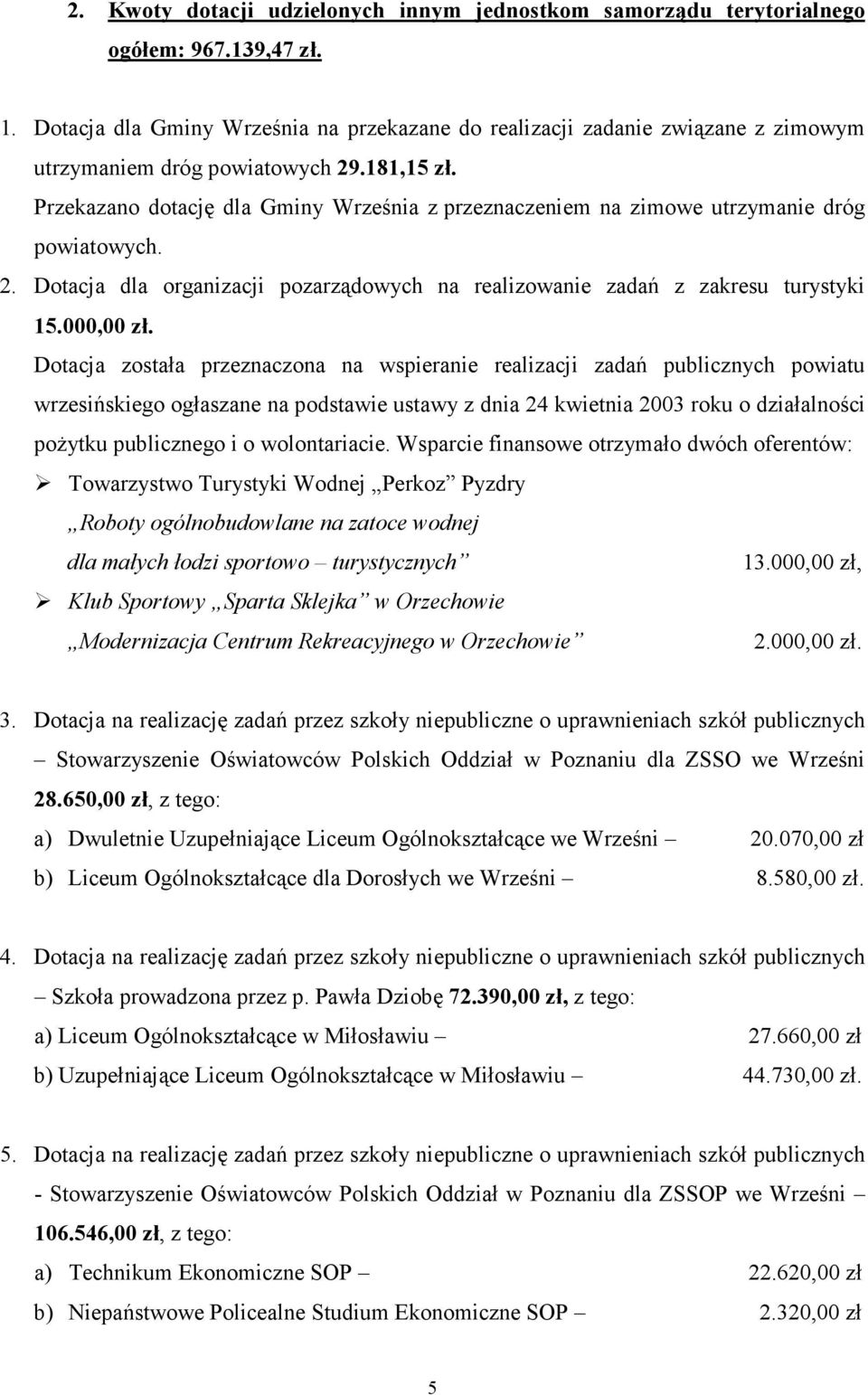 Przekazano dotację dla Gminy Września z przeznaczeniem na zimowe utrzymanie dróg powiatowych. 2. Dotacja dla organizacji pozarządowych na realizowanie zadań z zakresu turystyki 15.000,00 zł.