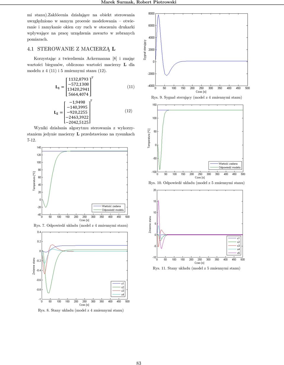 pomiarach. 4.1 STEROWANIE Z MACIERZĄ L Korzystając z twierdzenia Ackermanna [8] i znając wartości biegunów, obliczono wartości macierzy L dla modelu z 4 (11) i 5 zmiennymi stanu (12).