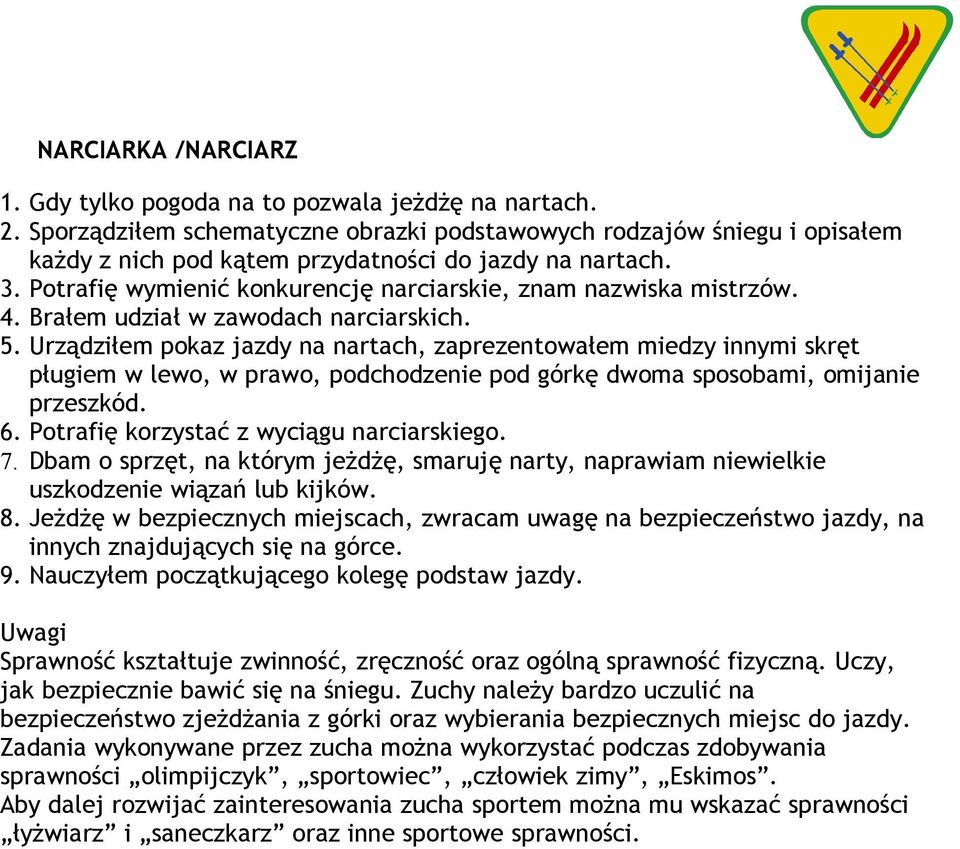 4. Brałem udział w zawodach narciarskich. 5. Urządziłem pokaz jazdy na nartach, zaprezentowałem miedzy innymi skręt pługiem w lewo, w prawo, podchodzenie pod górkę dwoma sposobami, omijanie przeszkód.