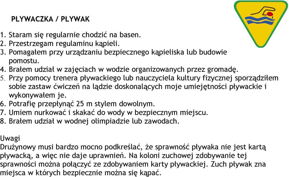 Przy pomocy trenera pływackiego lub nauczyciela kultury fizycznej sporządziłem sobie zastaw ćwiczeń na lądzie doskonalących moje umiejętności pływackie i wykonywałem je. 6.