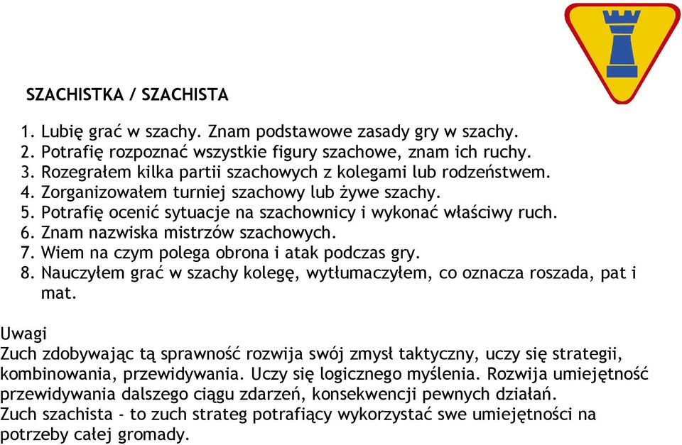 Znam nazwiska mistrzów szachowych. 7. Wiem na czym polega obrona i atak podczas gry. 8. Nauczyłem grać w szachy kolegę, wytłumaczyłem, co oznacza roszada, pat i mat.