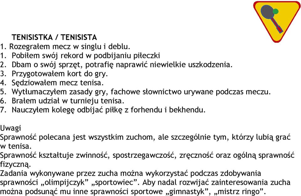 Nauczyłem kolegę odbijać piłkę z forhendu i bekhendu. Sprawność polecana jest wszystkim zuchom, ale szczególnie tym, którzy lubią grać w tenisa.