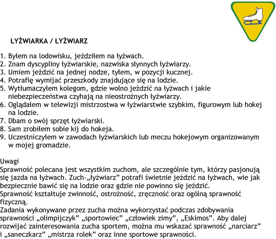 Oglądałem w telewizji mistrzostwa w łyżwiarstwie szybkim, figurowym lub hokej na lodzie. 7. Dbam o swój sprzęt łyżwiarski. 8. Sam zrobiłem sobie kij do hokeja. 9.