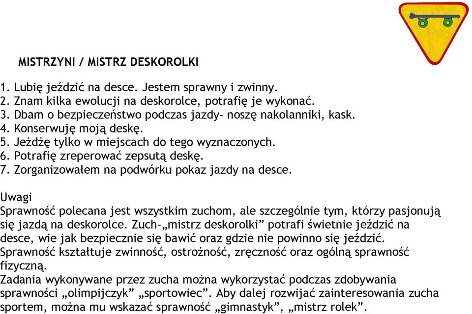 Zorganizowałem na podwórku pokaz jazdy na desce. Sprawność polecana jest wszystkim zuchom, ale szczególnie tym, którzy pasjonują się jazdą na deskorolce.