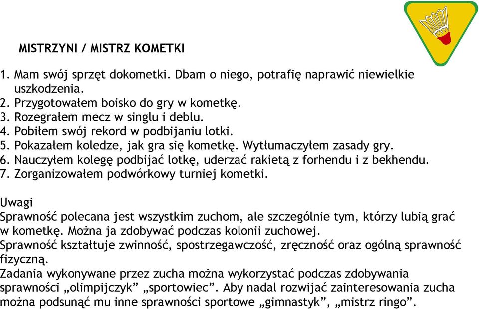 Zorganizowałem podwórkowy turniej kometki. Sprawność polecana jest wszystkim zuchom, ale szczególnie tym, którzy lubią grać w kometkę. Można ja zdobywać podczas kolonii zuchowej.