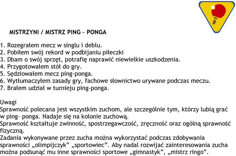 Sprawność polecana jest wszystkim zuchom, ale szczególnie tym, którzy lubią grać w ping- ponga. Nadaje się na kolonie zuchową.